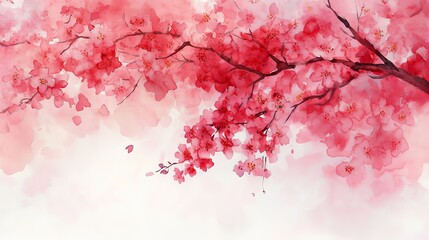 A watercolor illustration of cherry blossom branches in vibrant shades of pink.