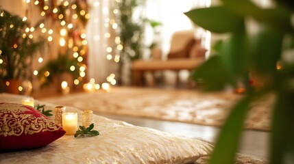 Cozy and Elegant Room Decorated with Soft Lights and Natural Elements : Generative AI