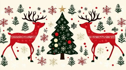 Festive Reindeer and Christmas Tree Pattern for Holiday Backgrounds