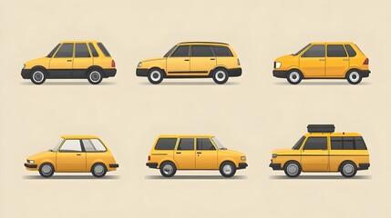 Collection of Yellow Cars. Various Car Designs in a Minimalist Style