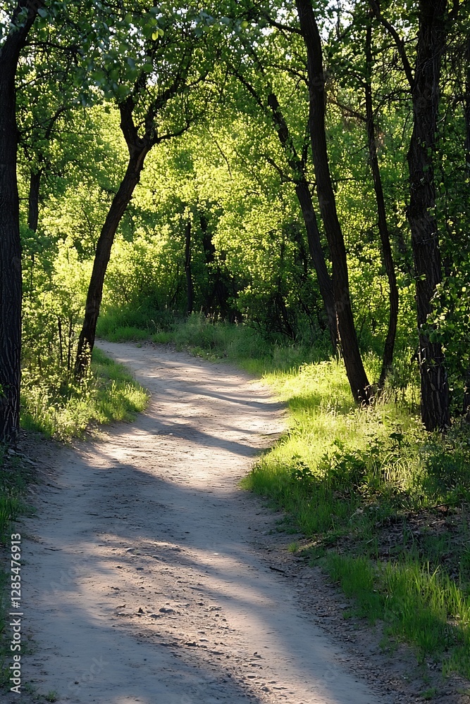 Poster serene tree lined pathway through lush green forest inviting nature walks : generative ai