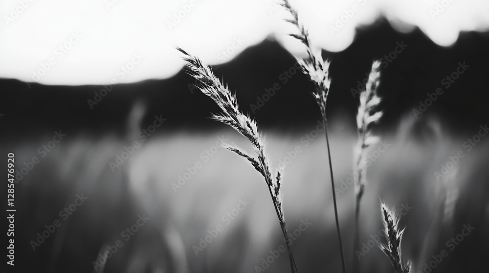 Poster artistic black and white image of grass gently swaying in the wind creating serene mood : generative