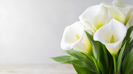 Obraz premium Elegant bouquet of white calla lilies with greenery on a softly blurred background conveying tranquility : Generative AI