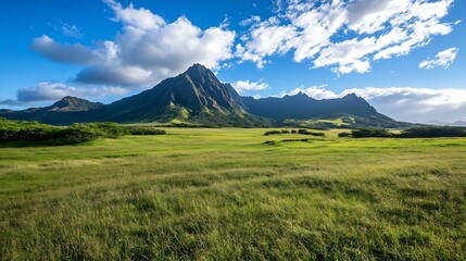 Breathtaking mountain landscape with lush green fields under a dramatic sky and vibrant clouds : Generative AI