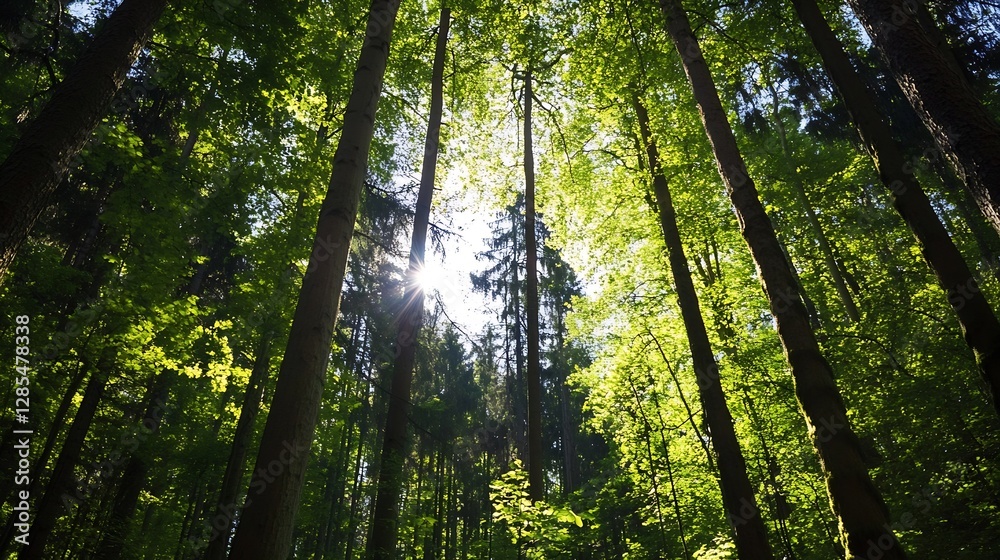 Poster Sunlight streaming through tall trees in a lush green forest creating a serene natural environment : Generative AI