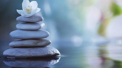 Obraz premium Balanced Stones and White Flower Reflecting in Calm Water : Generative AI