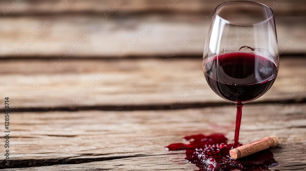 Poster red wine glass spilling on wooden table accompanied by cork creating a stylish food and drink scene 