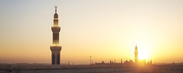 Obraz premium Mosque minarets stand illuminated against a bright sunset sky