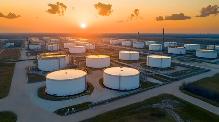 Expansive aerial photograph showcasing a large industrial storage facility with numerous cylindrical tanks holding refined petroleum products