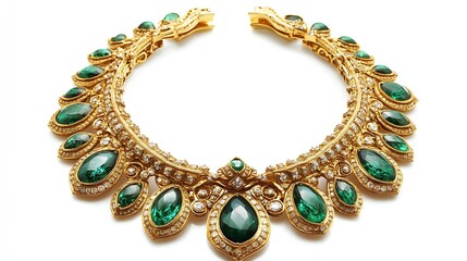 Obraz premium Elegant Gold Necklace Adorned with Vibrant Green Gemstones and Diamonds : Generative AI