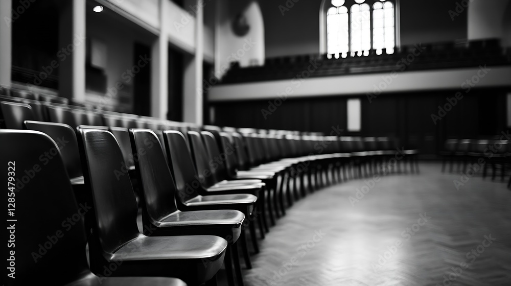 Poster Empty auditorium with rows of black chairs arranged in a circular pattern : Generative AI