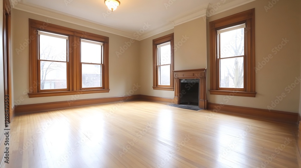 Aufkleber Empty Room with Wooden Frames and Large Windows Capturing Natural Light : Generative AI