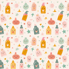 Adorable Cartoon Sunscreen Bottles Seamless Pattern Summer Fun Design