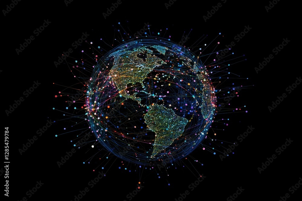 Poster network of connections illustrating global data processing technologies in action, digital data proc