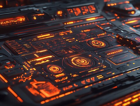 A Futuristic Control Panel Displays Orange Digital Readout Data