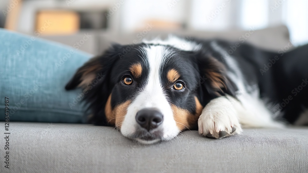 Poster Relaxed Dog Lying on a Couch with Gentle Expression : Generative AI