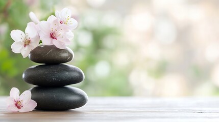 Zen-like arrangement of smooth stones and delicate cherry blossoms creating a calming atmosphere : Generative AI