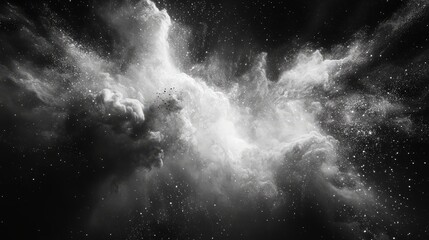 A dense burst of fine white dust, light and chaotic, forming beautiful patterns on a black canvas