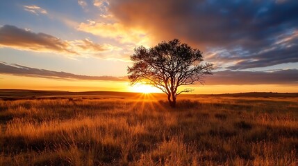 Fototapeta premium Golden Sunset with Silhouetted Tree in a Serene Landscape Setting : Generative AI
