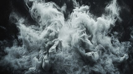 A dramatic burst of white powder, captured mid-air, billowing and swirling on a black canvas