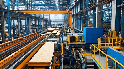 Fototapeta premium High Angle Panoramic View of a Plywood Manufacturing Facility with Various Machines and Automation Systems Processing and Transforming Raw Wood Materials into Finished Plywood Products