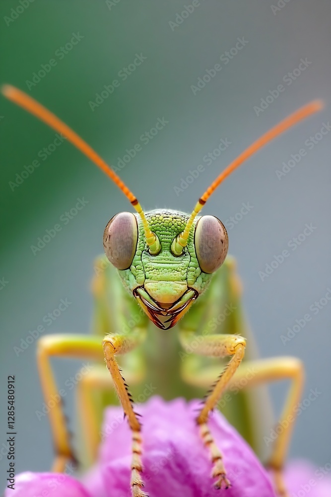 Aufkleber macro close-up of a vibrant green grasshopper perched on a colorful flower : generative ai