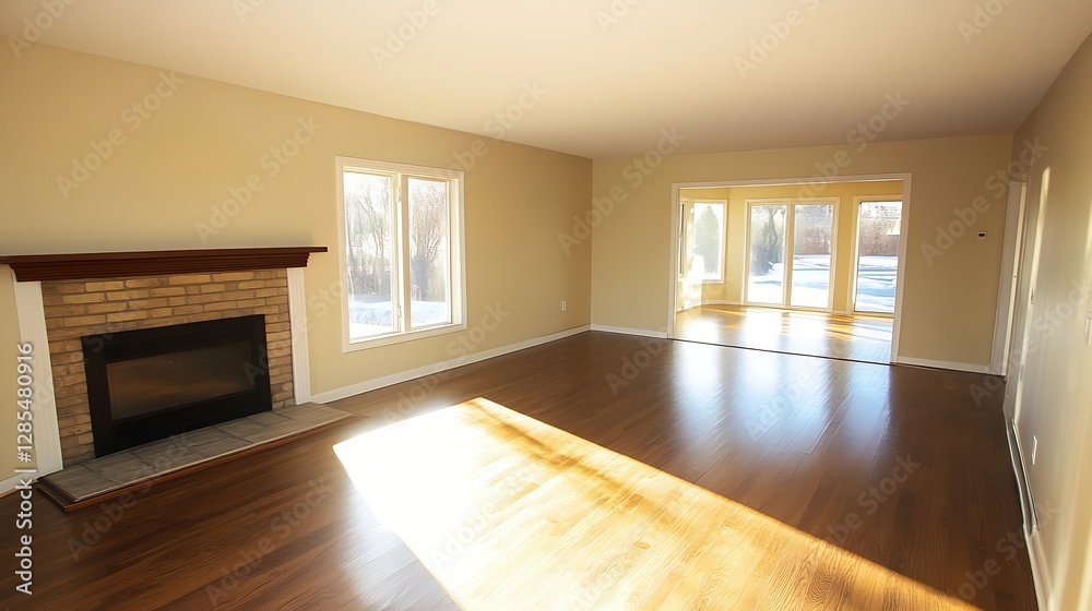 Aufkleber bright and spacious empty living room with large windows and wooden floor : generative ai
