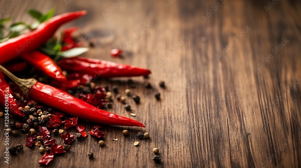 Poster fresh red chilies and spices on a rustic wooden surface for culinary inspiration : generative ai