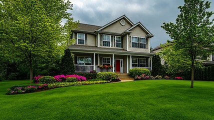 Beautiful suburban house with lush green lawn and landscaping.