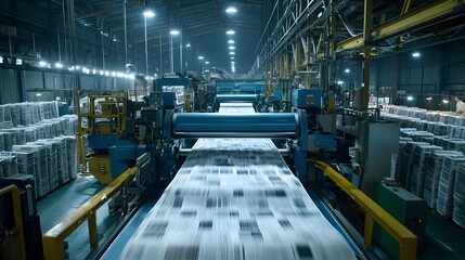Fototapeta premium High Speed Newspaper Printing Press in Full at Industrial Factory Captured in Detail Showcasing the Efficiency and Automation of Modern Publishing Production Workflows