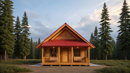 Charming wooden cabin with red roof surrounded by lush green pine trees at dusk