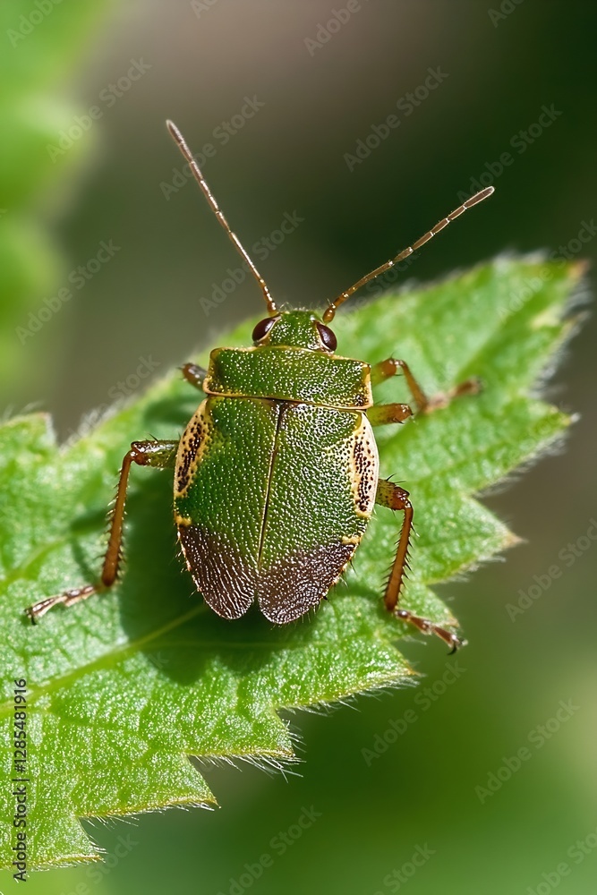 Poster close up of a green beetle resting on a leaf in natural light : generative ai