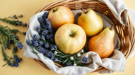 Close-up flatlay photograph of French apples and pears with lavender and rosemary on a warm pastel yellow background