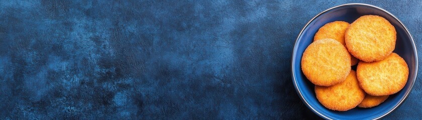 A bowl of golden cookies sits on a textured blue background, inviting a delicious snack experience.