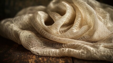 Fototapeta premium Elegant textured fabric draped on wooden surface.