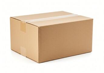 A sealed cardboard box with brown packing tape, placed on a white surface. The box appears new and ready for shipping or storage.