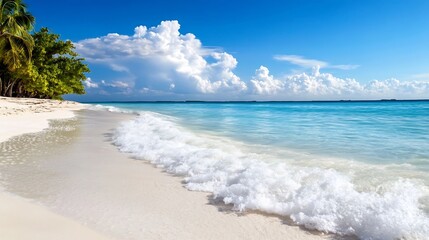 Beautiful Tropical Beach Landscape with Waves and Clear Sky in Sunny Weather : Generative AI