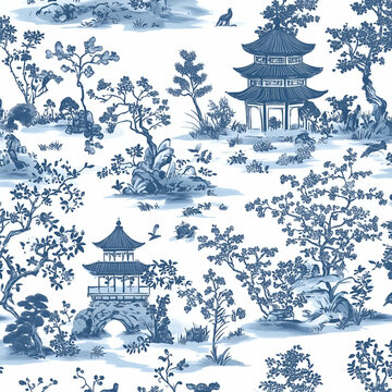 An intricate design of white and blue chinoiserie pattern with pagoda trees, flowers and small animals in landscape 