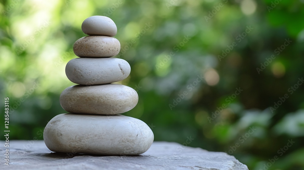 Fototapete Balanced Zen Stone Stacking Tower on Natural Background for Calmness and Serenity : Generative AI