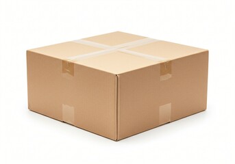 Fototapeta premium A sealed cardboard box with cross-patterned tape, ideal for shipping, storage, or moving. Placed on a white background, it represents secure packaging for logistics and delivery.