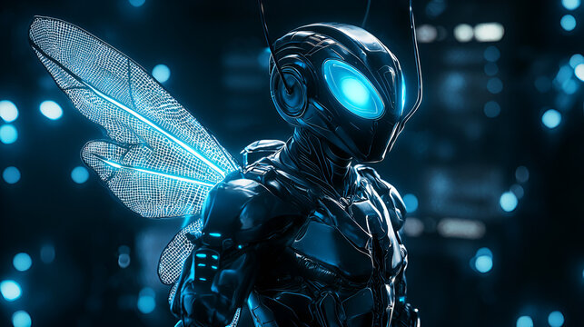 Futuristic insectoid warrior cyber city 3d art digital realm close-up technology concept