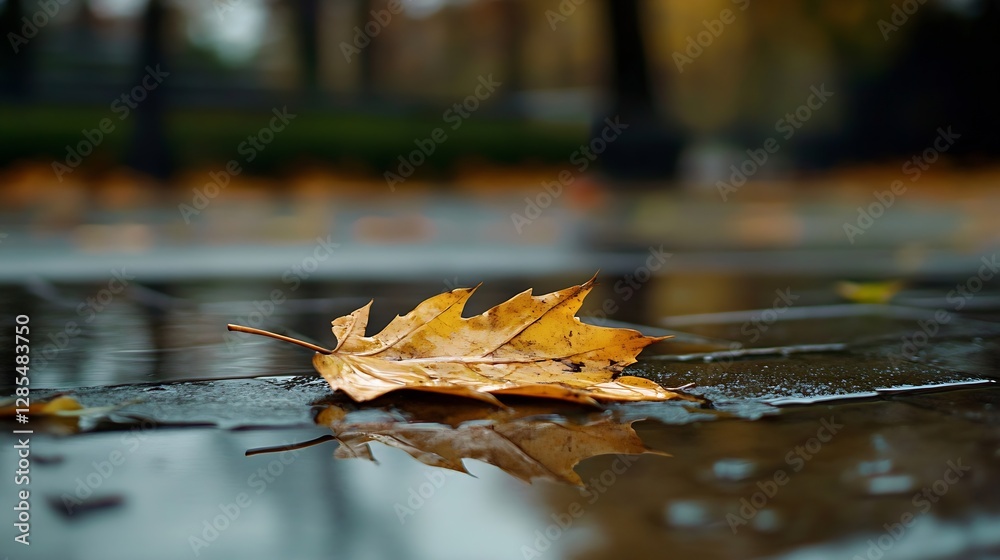 Poster autumn leaf on wet surface with reflections in rainy park setting : generative ai