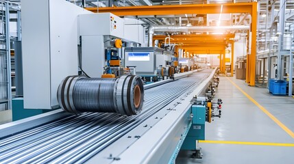 photo of an automated conveyor belt transporting transformer cores through a specialized coating process within an industrial manufacturing facility