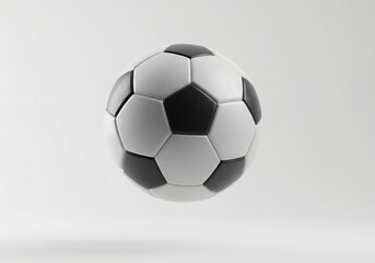 Obraz premium A classic black-and-white soccer ball with pentagonal and hexagonal panels, floating in mid-air against a clean white background, casting a soft shadow below.