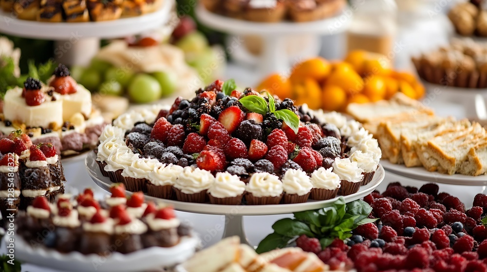 Poster delicious gourmet pastries and sweets displayed on elegant table at event : generative ai