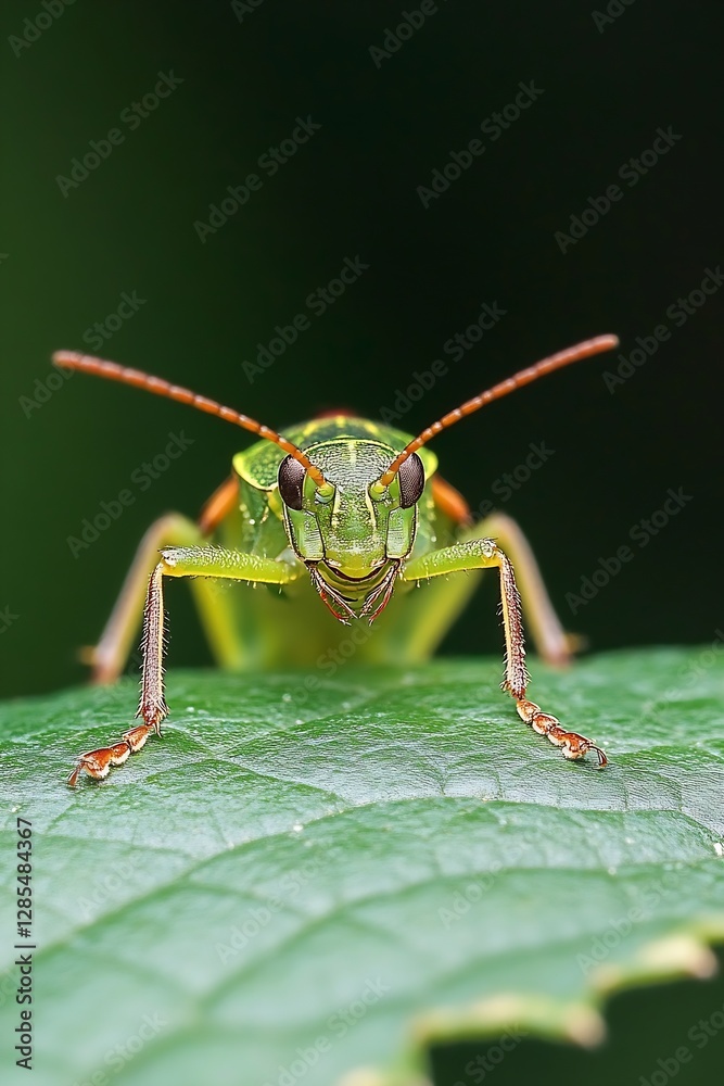 Poster vibrant green grasshopper with detailed features sitting on a leaf in natural environment : generati