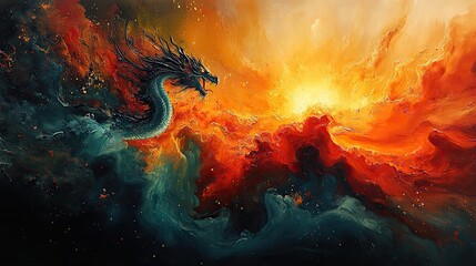 Fototapeta premium Abstract painting captures the vibrant energy of a dragon and the rising sun.
