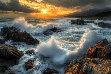 Obraz premium Powerful waves crash over rocky coastline at sunset near mountains, Aerial view of powerful waves breaking over a rocky coastline at dusk, moody nature backgrounds