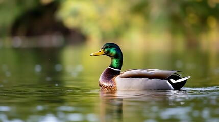 Obraz premium Vibrant Male Mallard Duck Swimming Calmly on Reflective Water Surface : Generative AI