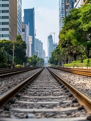 Fototapeta premium Urban Railroad Tracks with Skyscrapers Under Bright Blue Sky in Modern City : Generative AI